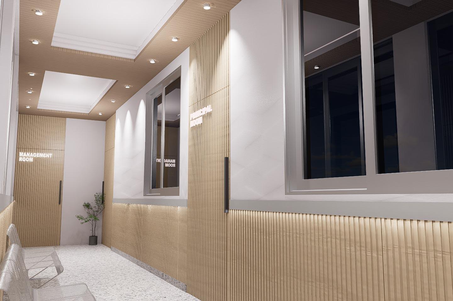 School corridor with seating